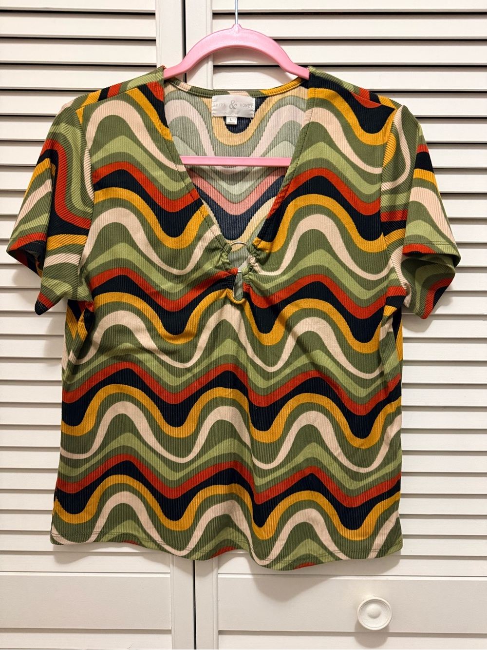 Retro Wave Tie-Front V-Neck Top in Olive Multi by thyme and honey